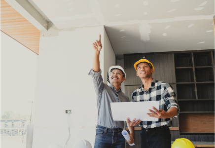 Contractors looking at a ceiling